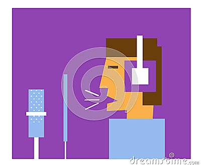 A man in headphones and a microphone with a pop filter. Sound recording studio. Vector Vector Illustration